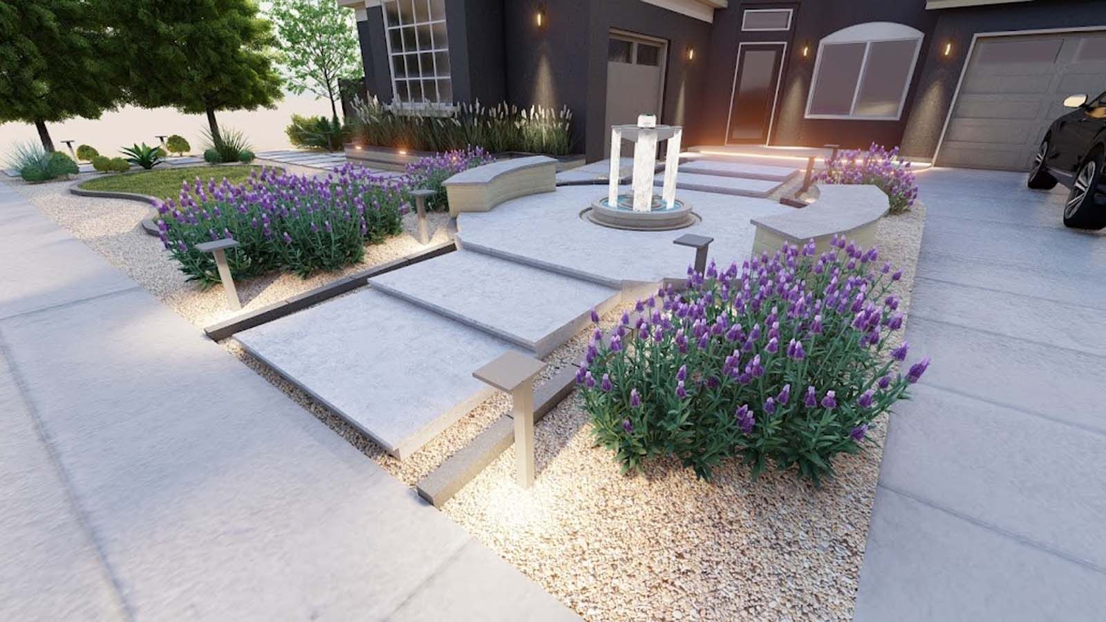 Front yard with lavender bushes, a fountain, and stone steps leading to a house.