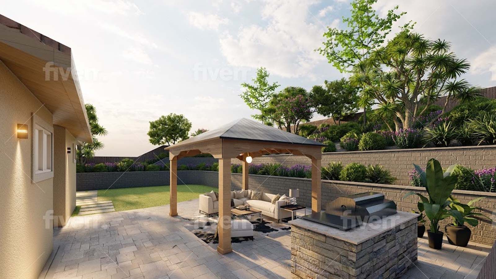 Backyard patio with gazebo, outdoor kitchen, seating, and landscaping under a sunny sky.
