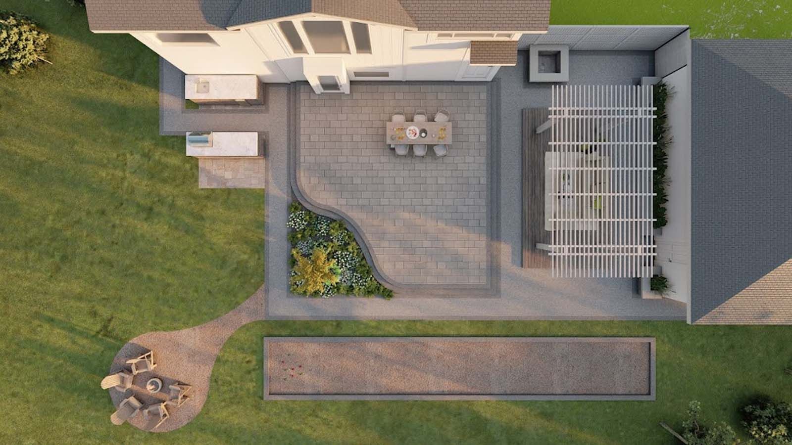 Overhead view of a backyard patio with dining table, pergola, outdoor kitchen, and bocce ball court.