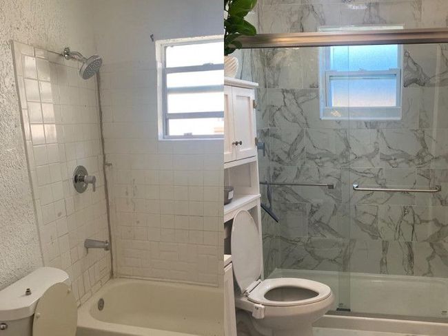 a before and after picture of a bathroom with marble tiles .