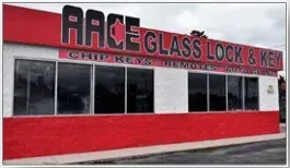 Red and white storefront: 