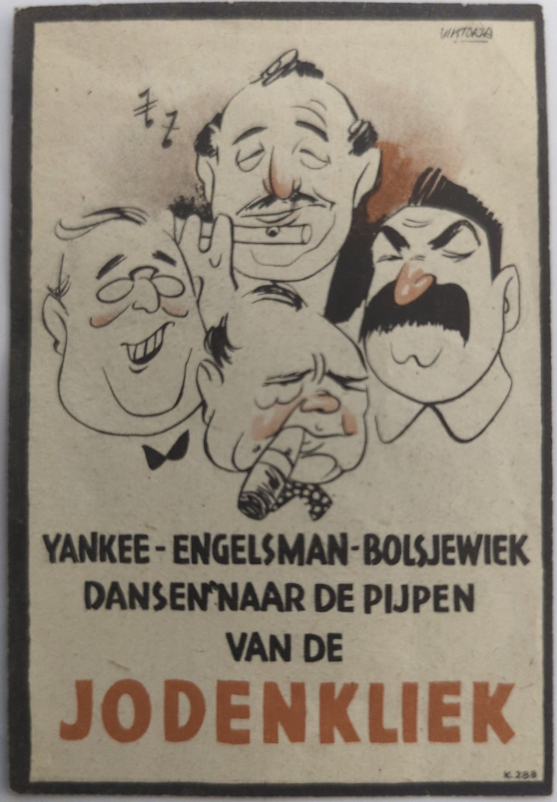 Propagandapamflet met karikaturen van Churchill, Roosevelt en Stalin
