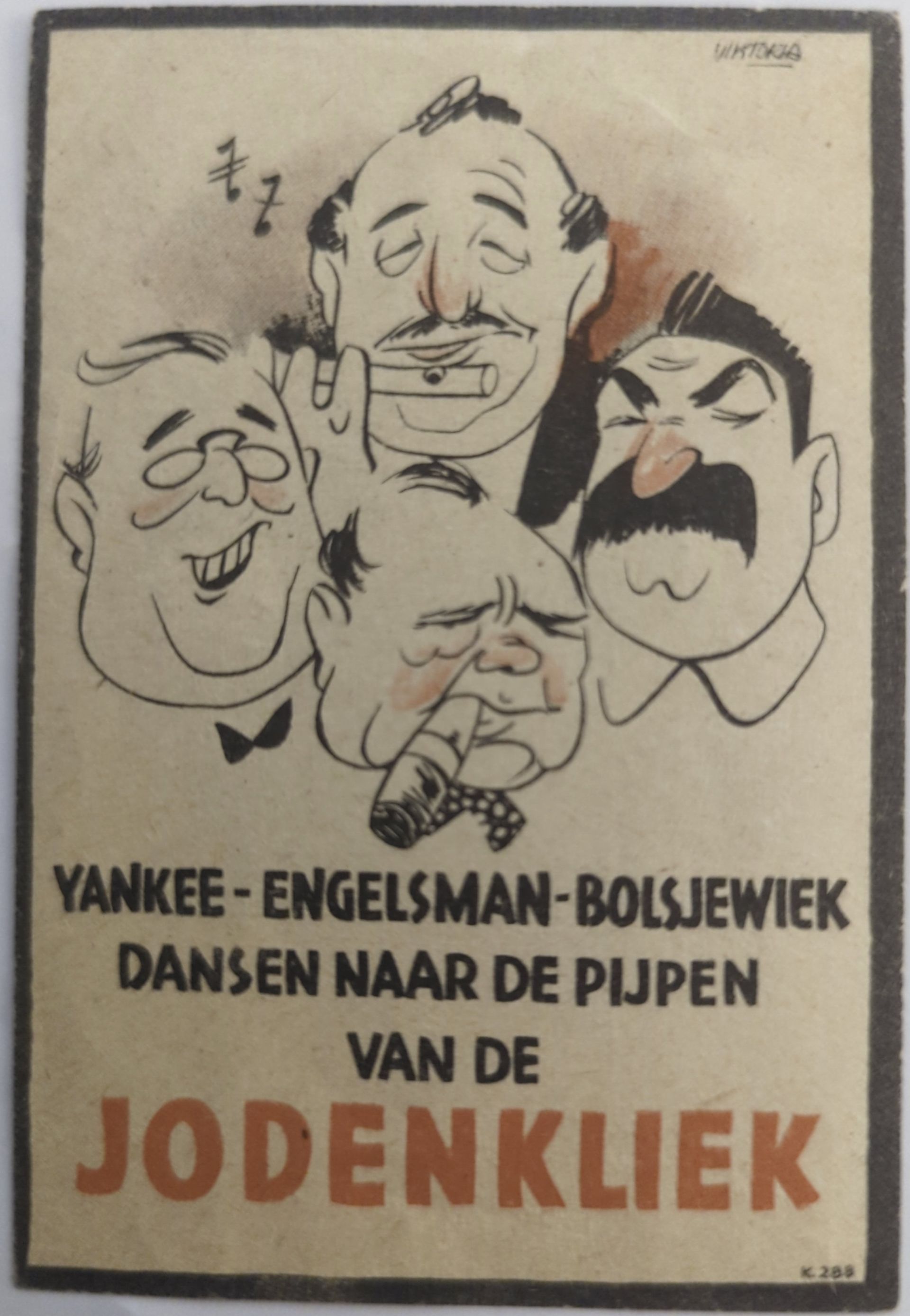 Propagandapamflet met karikaturen van Churchill, Roosevelt en Stalin