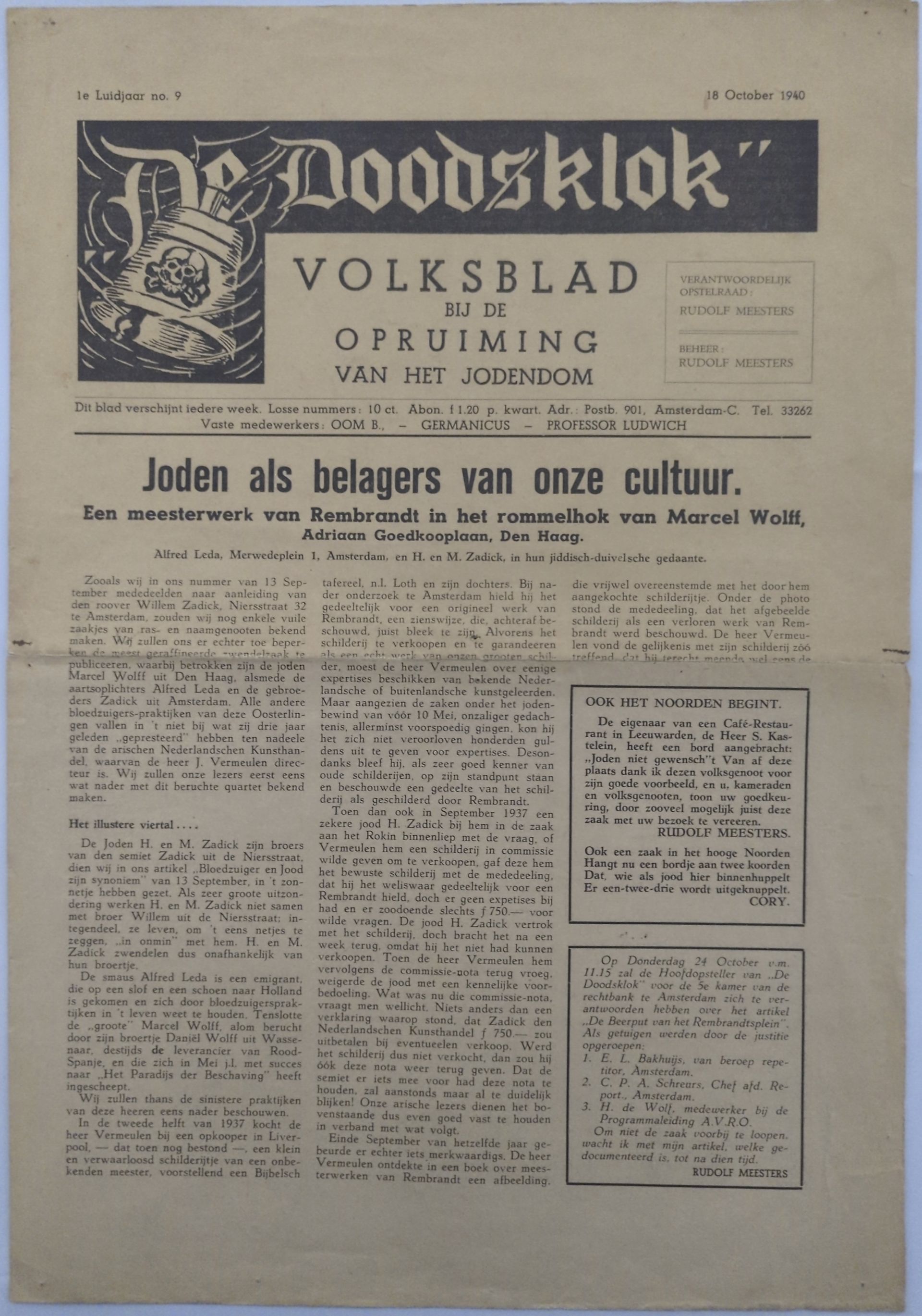 verboden propagandakrant De Doodsklok – 1e Luidjaar Nr. 9 (1940) –