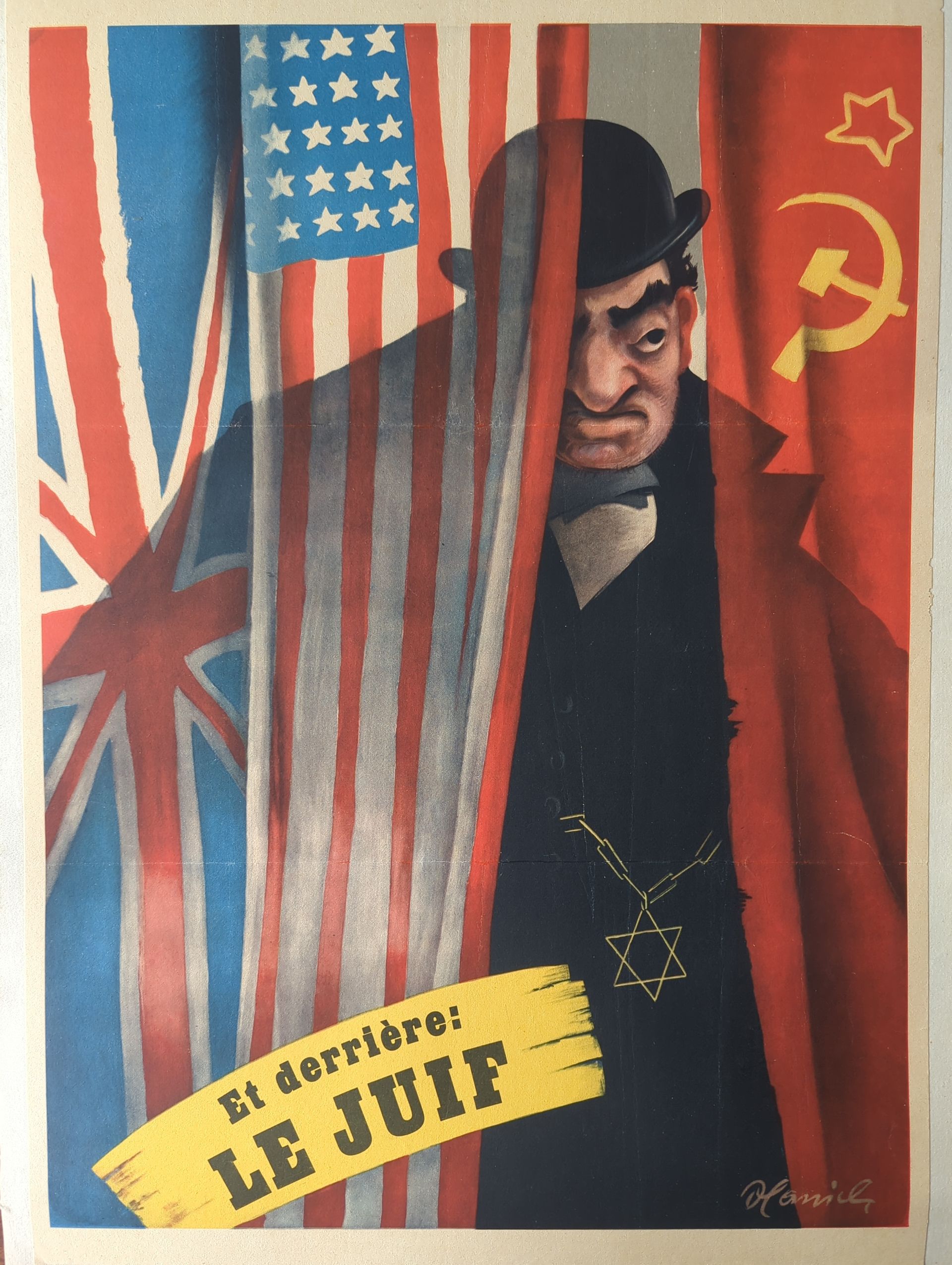 Zeldzame WW2 antisemitische propagandaposter “Le Juif” uit Frankrijk (1943–44). Origineel exemplaar, WOII-affiches