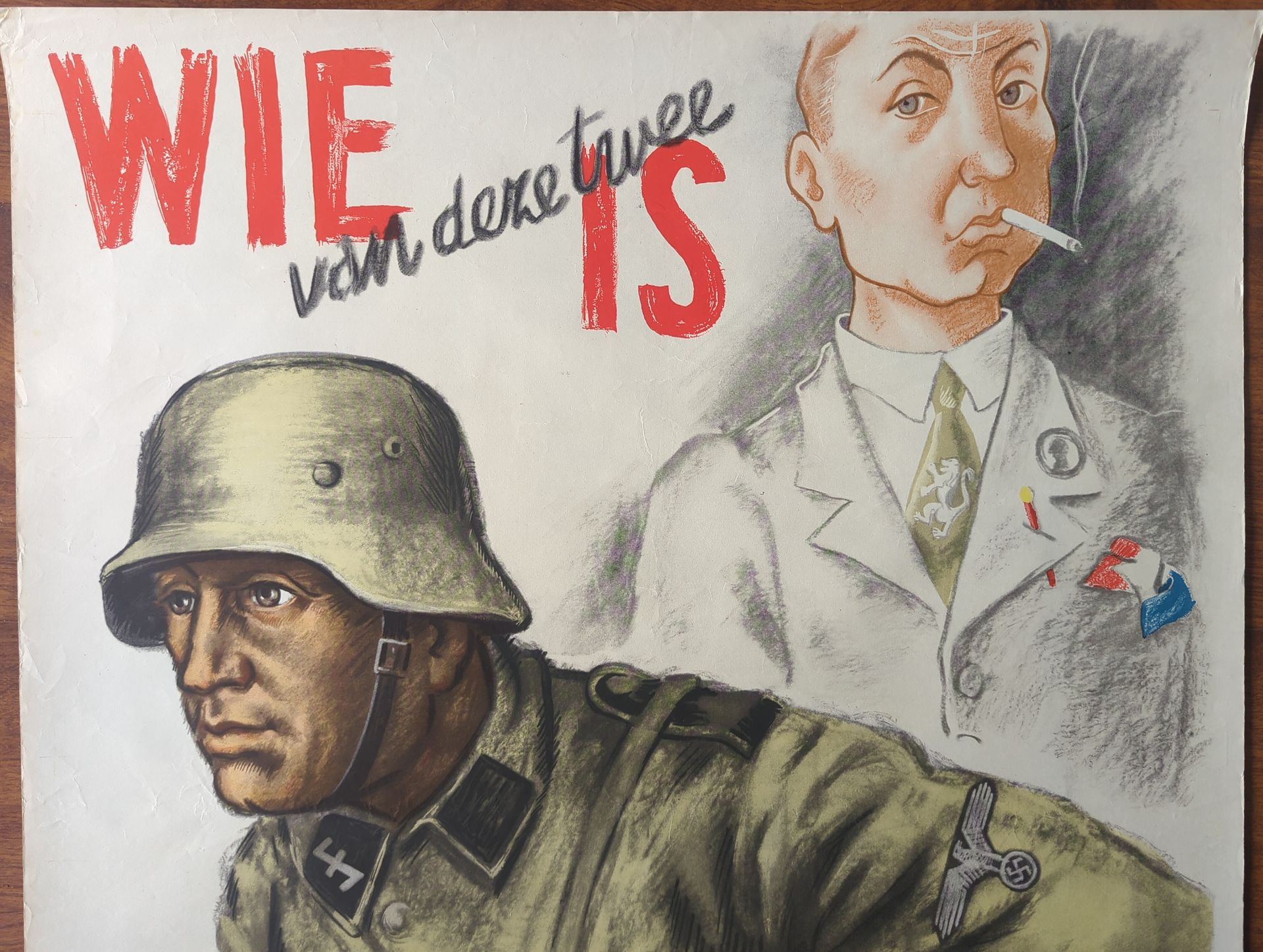 Origineel WW2 SS-wervingsposter** “Wie van deze twee is de ware Nederlander?”, gedrukt in Nederland in 1943. WOII-propaganda