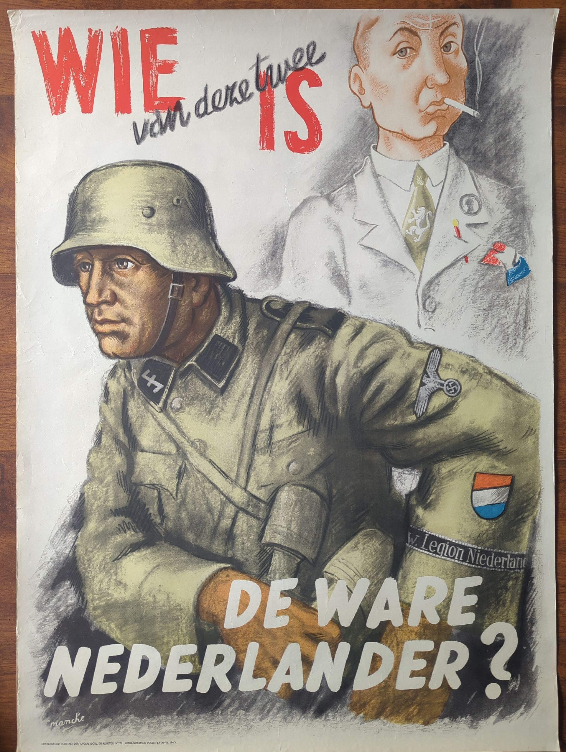 Origineel WW2 SS-wervingsposter** “Wie van deze twee is de ware Nederlander?”, gedrukt in Nederland in 1943. WOII-propaganda