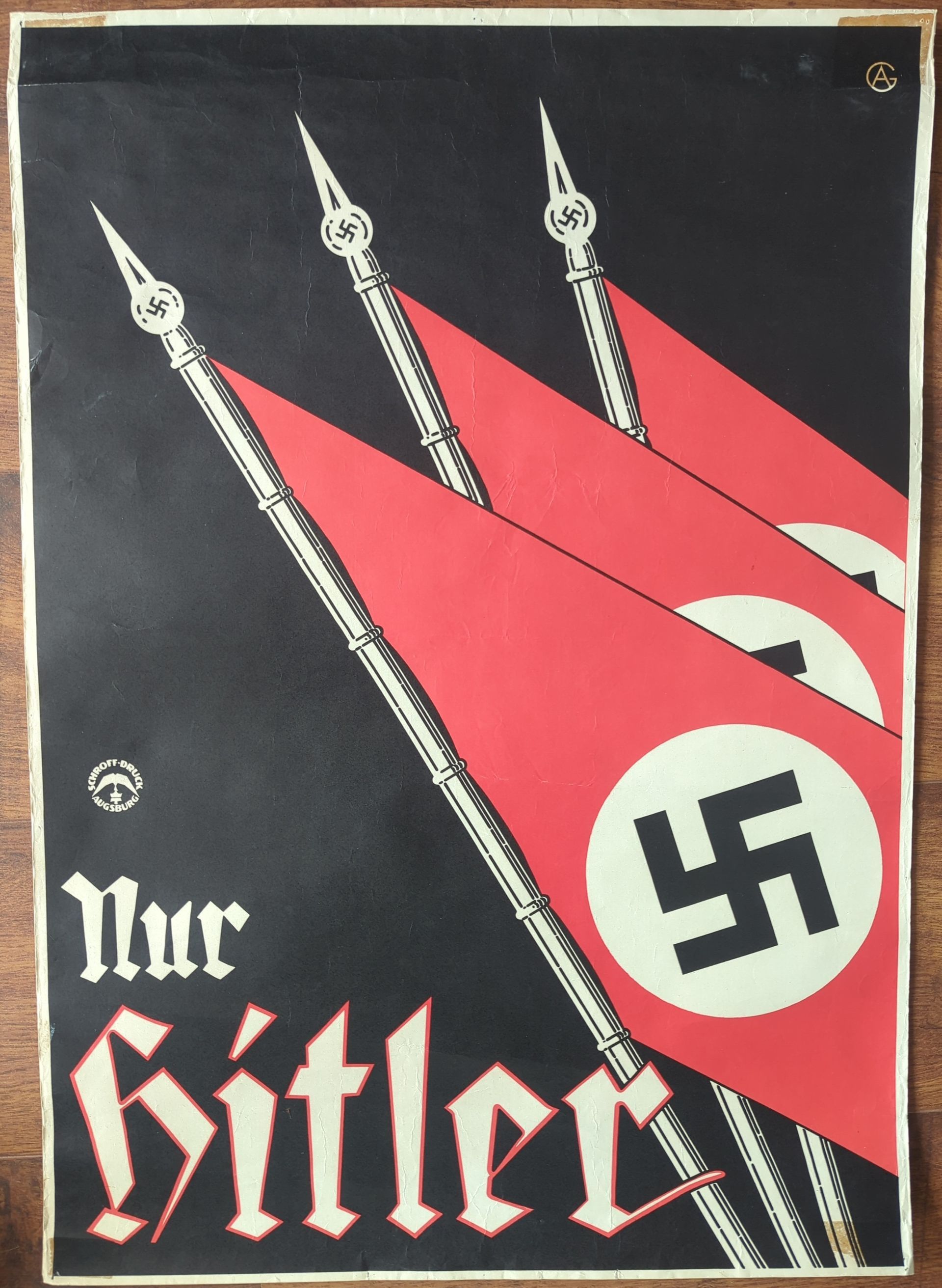 Originele WW2 propagandaposter “Nur Hitler” uit Duitsland (1932). Zeldzaam exemplaar,  WOII-affiche