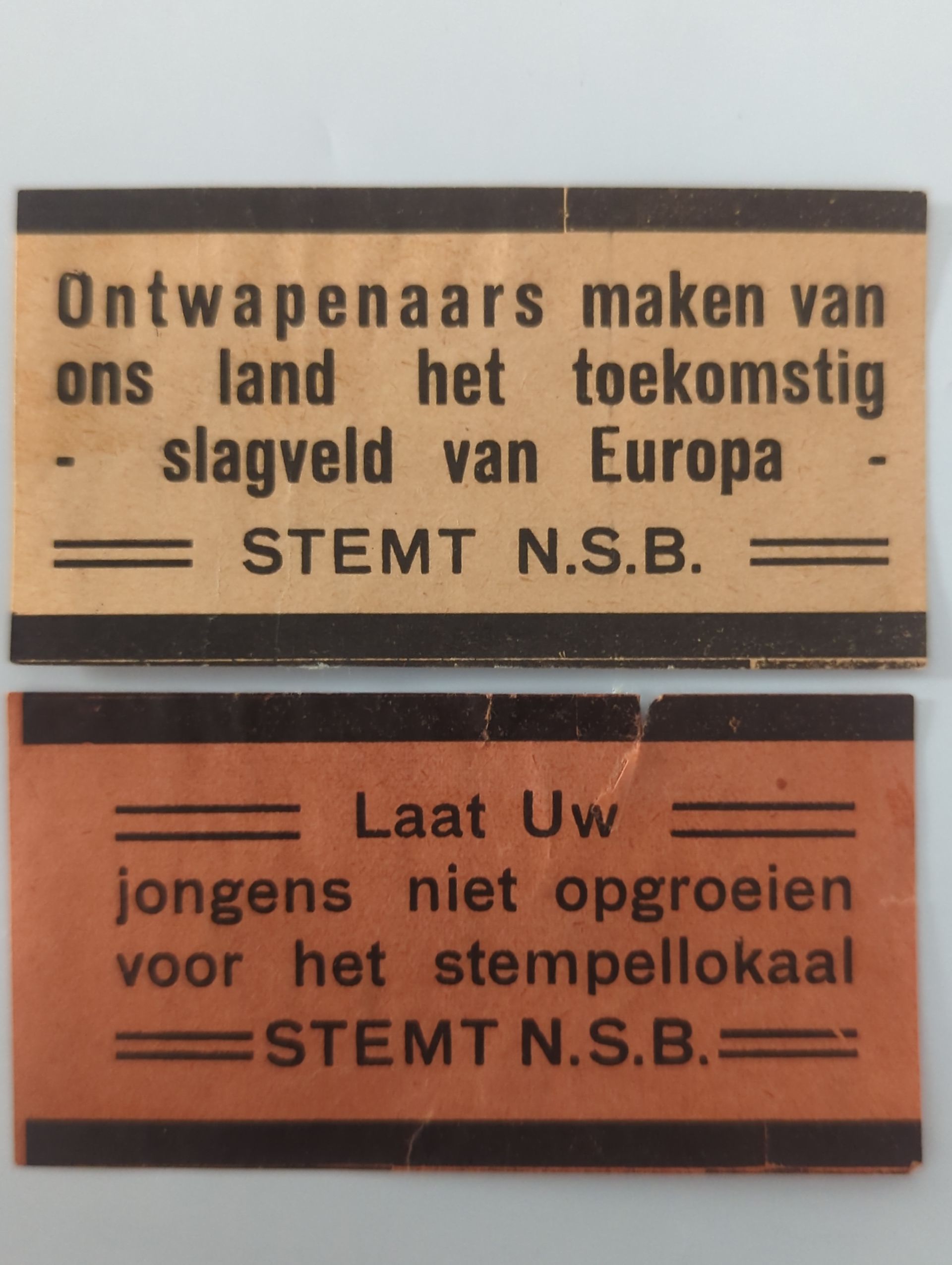 Twee originele NSB-propagandastrookjes / plakcoupons – jaren 30/40