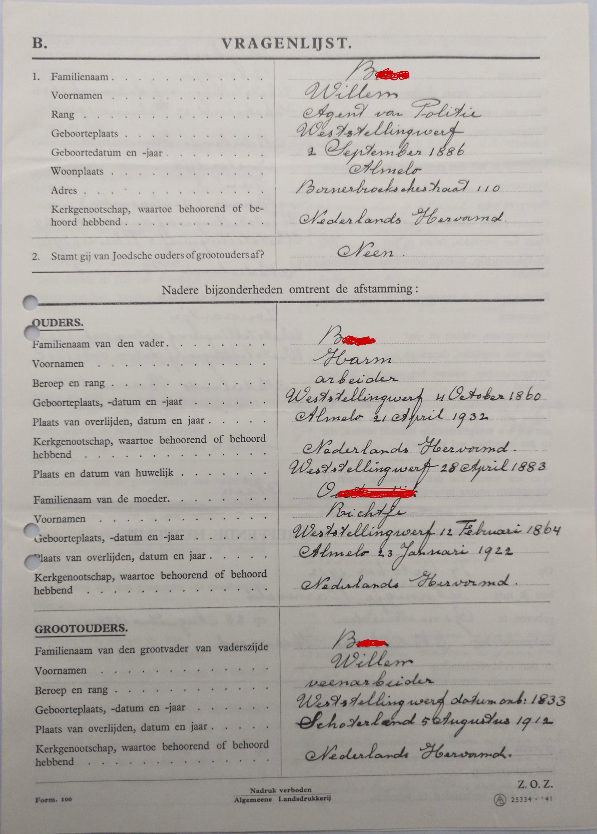 vragenlijst, niet Joodse afstamming – Nederland, 5 februari 1941 (Ariërverklaring / Verklaring omtrent niet-Joodsche bloede)