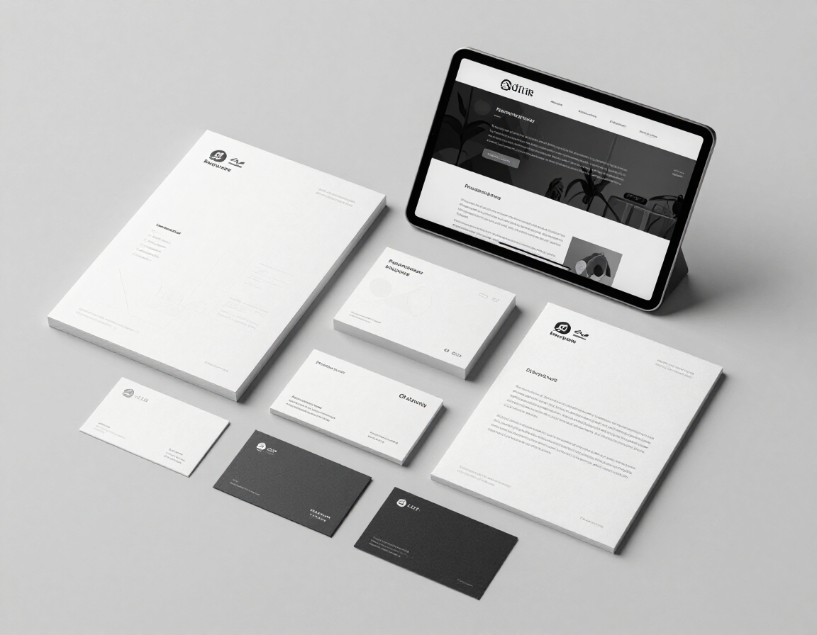 Brand identity mockup with stationery, presentation boards, and website wireframes