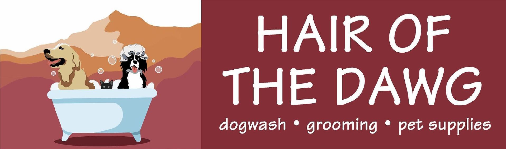 the logo for hair of the dawg shows two dogs in a bathtub .