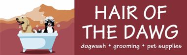 a logo for hair of the dawg dog grooming and pet supplies