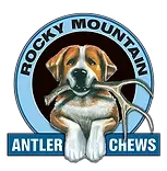 the logo for rocky mountain antler chews shows a dog chewing on an antlers .