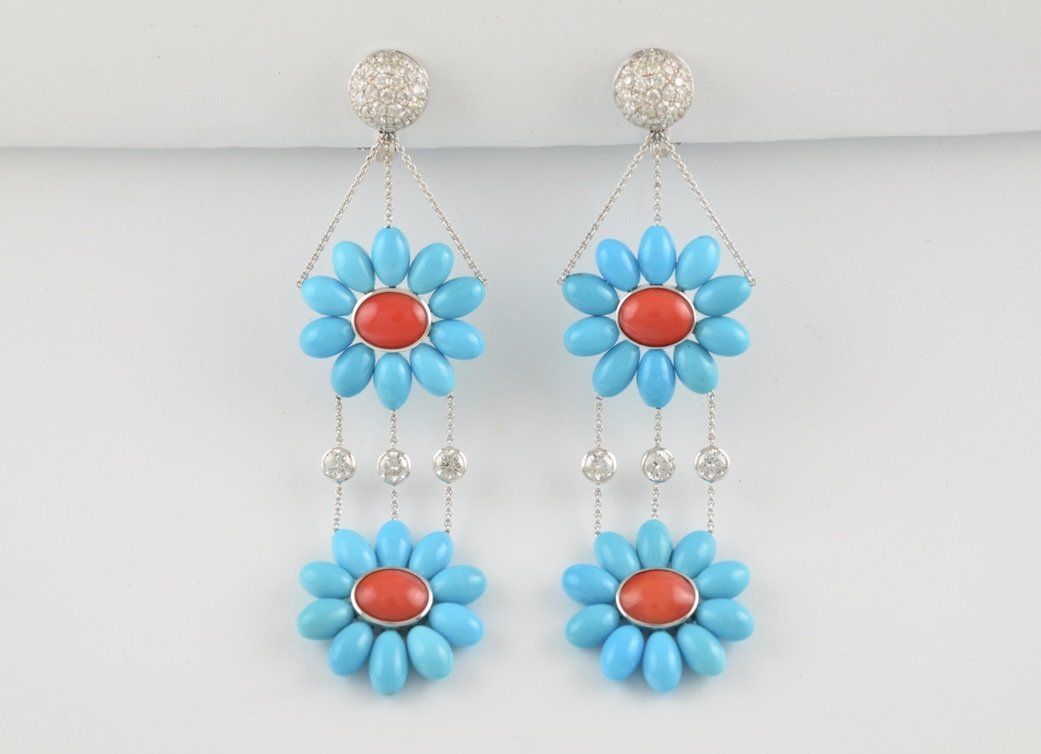 Türkis-Koralle-Brillanten Ohrringe