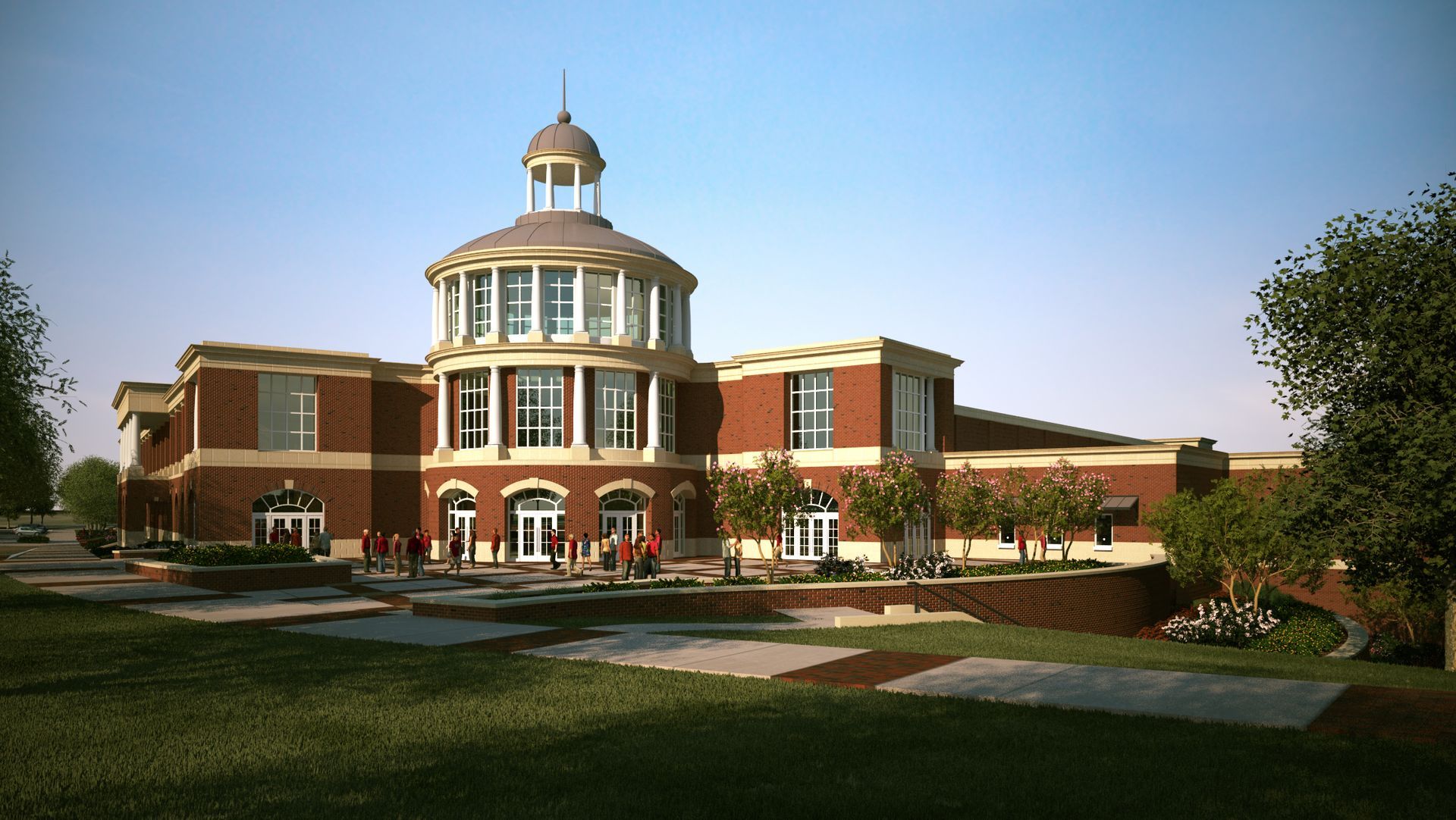 an artist 's impression of a large brick building with a dome on top