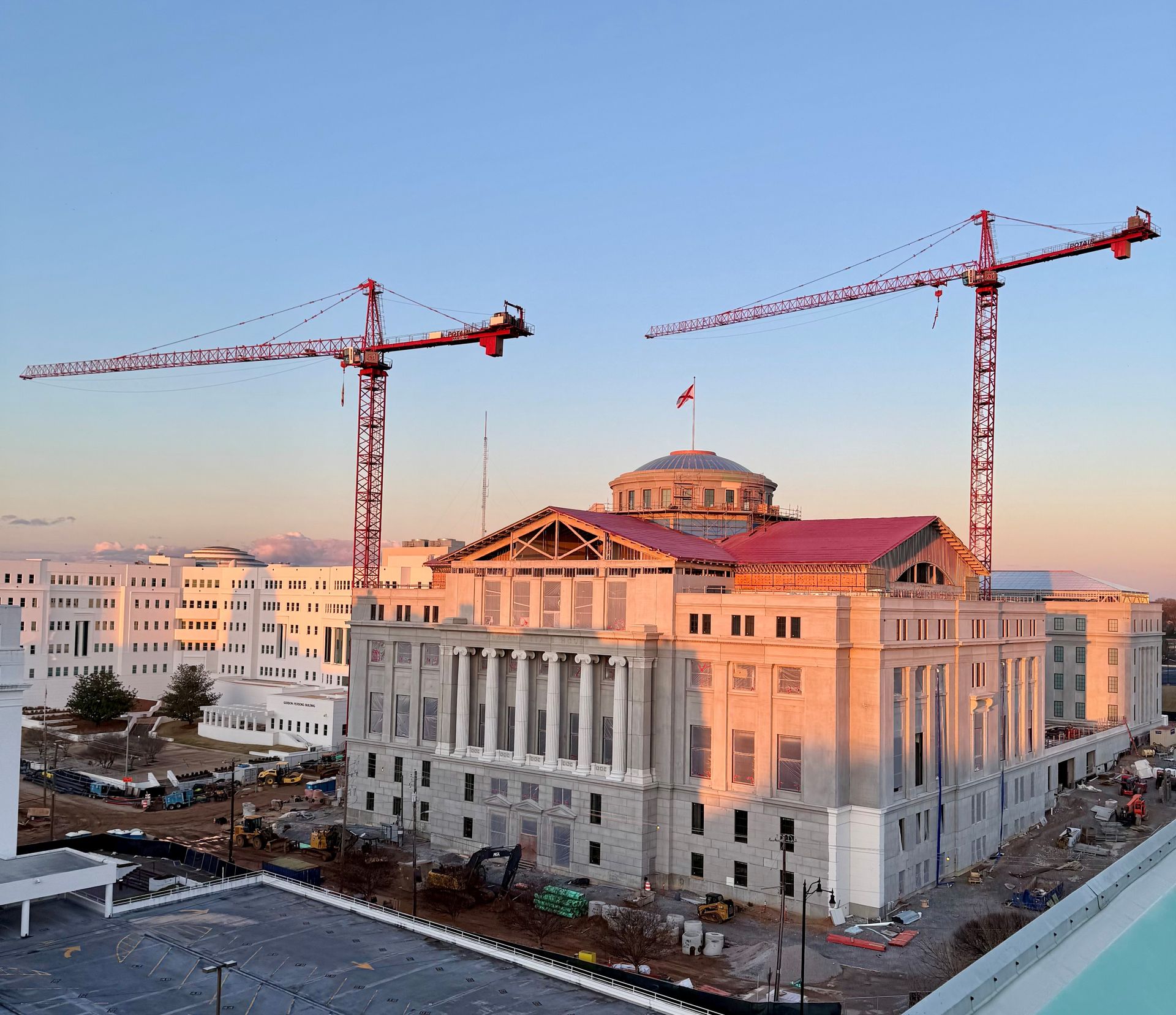 an aerial view of a large building under construction