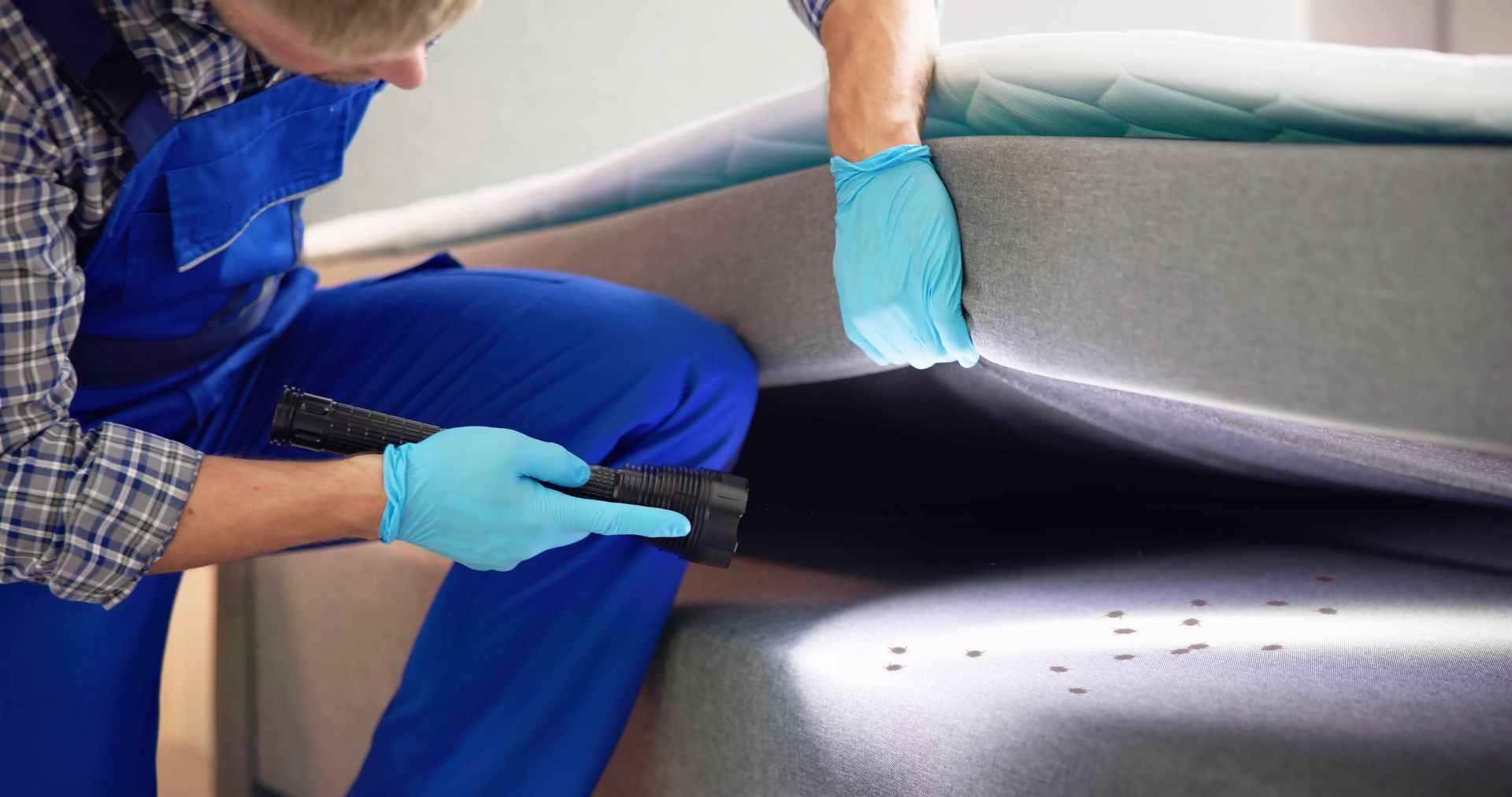 A person wearing blue work coveralls and gloves inspects the underside of a mattress with a flashlight.