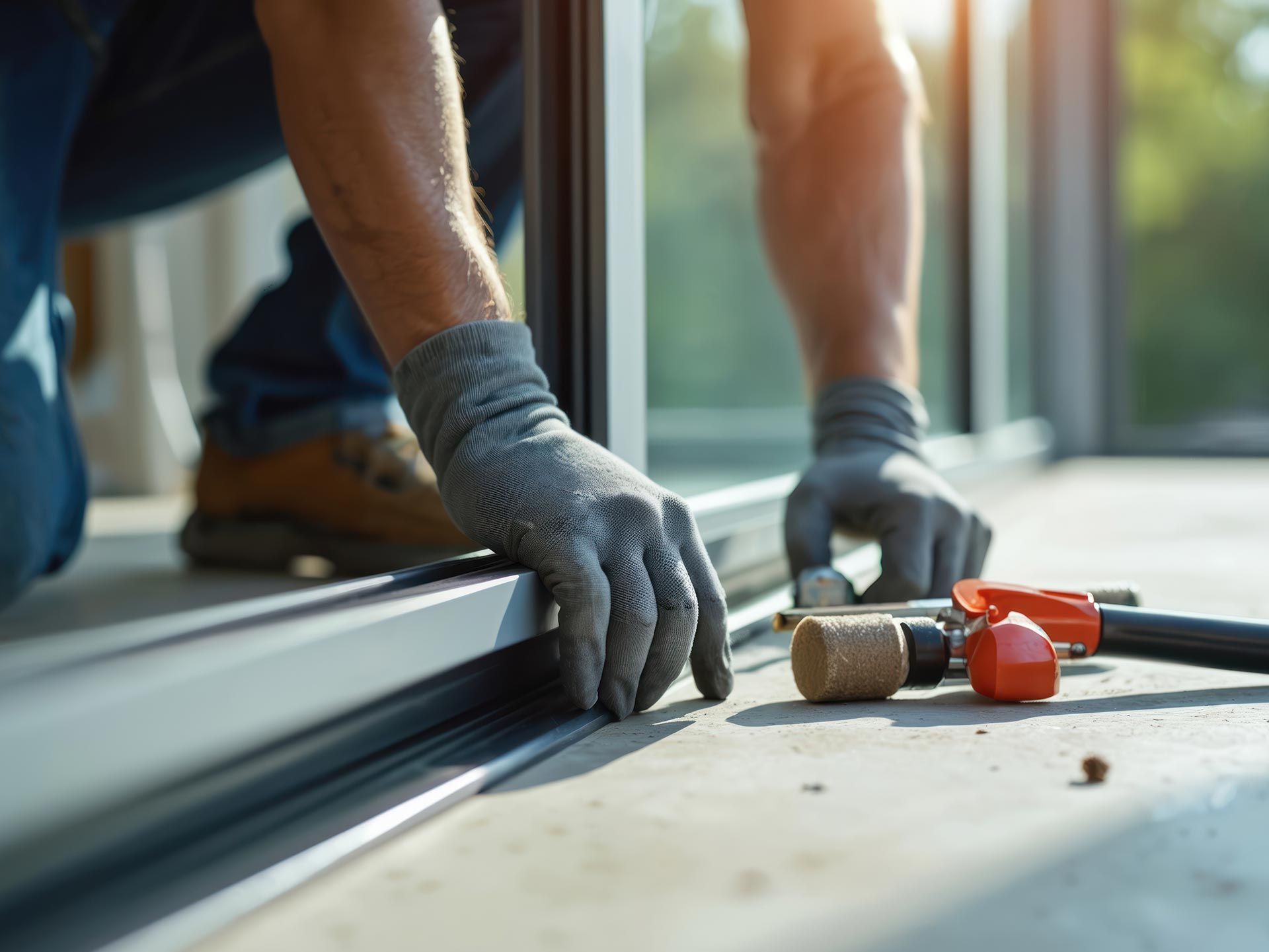 Worker in gloves installs a sliding glass door, using a tool to fit the frame.