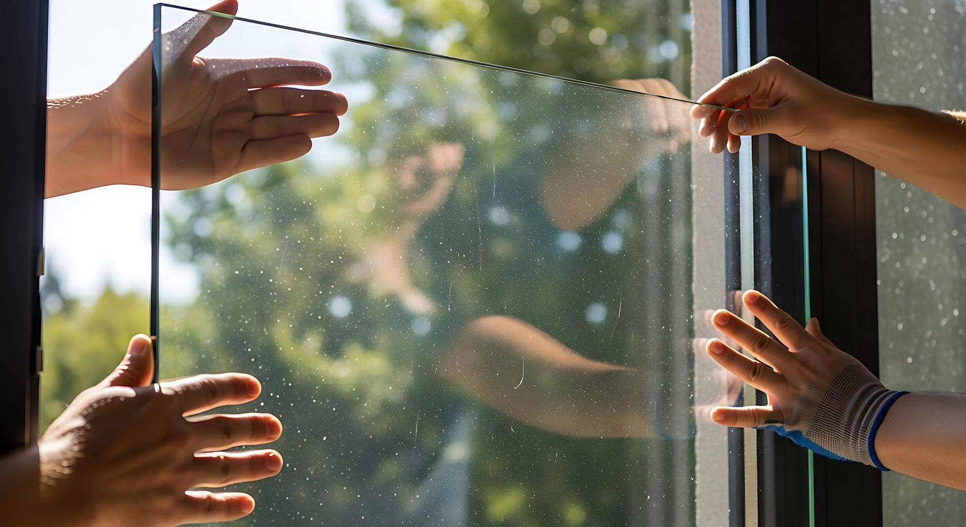Workers install a new glass pane, offering a professional residential glass repair service.
