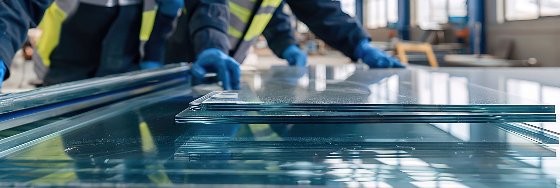 Workers inspecting glass sheets for windows, showcasing the manufacturing process in a factory. Workers inspecting glass sheets for windows, showcasing the manufacturing process in a factory.