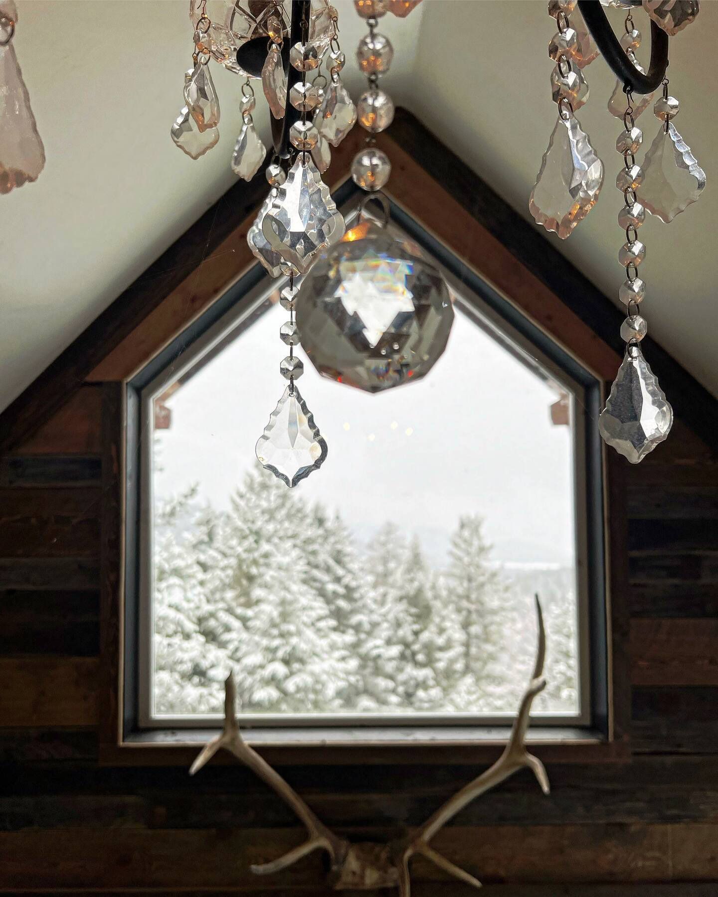 A window with antlers in front of it and a chandelier hanging from the ceiling