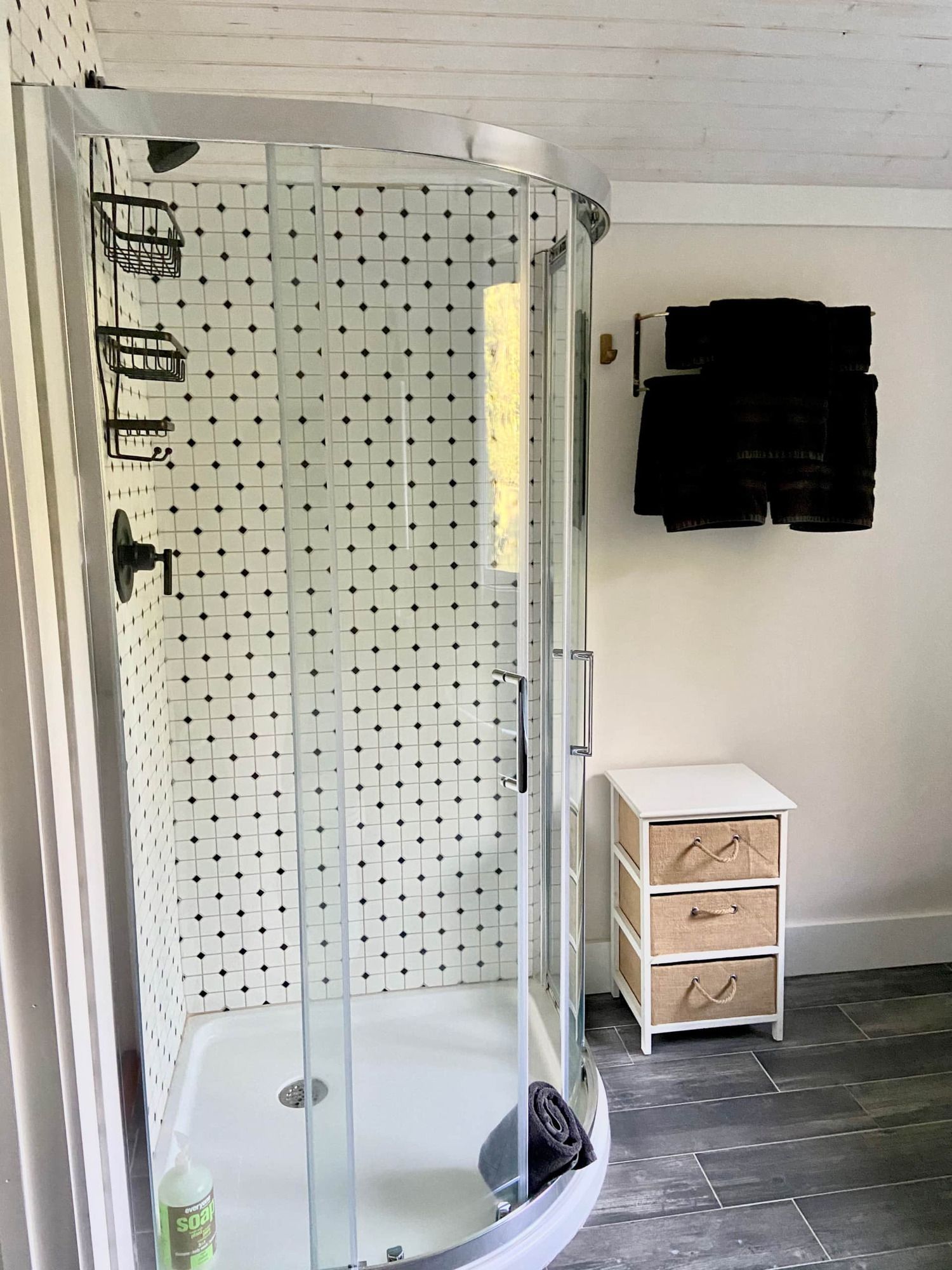 A bathroom with a shower stall and a dresser.