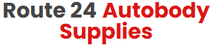 A red and black logo for route 24 autobody supplies