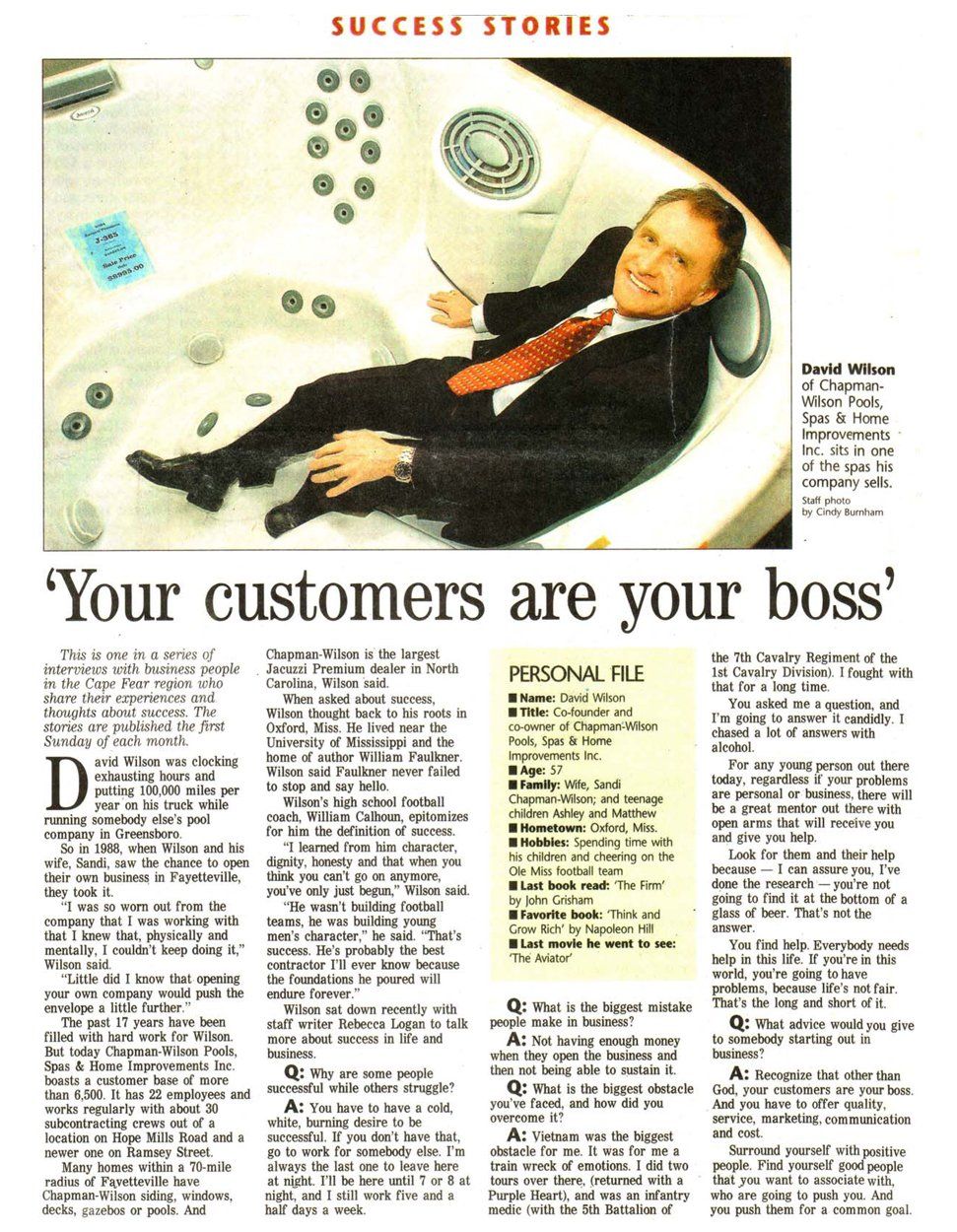 Article about David Wilson in local newspaper