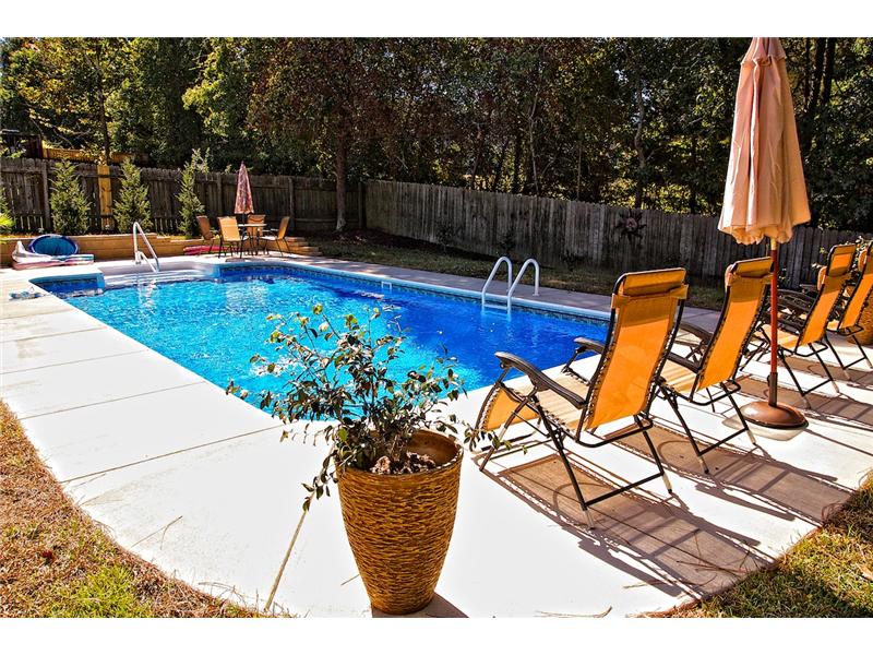 potted plant and lounge chairs  on decking with pool in background