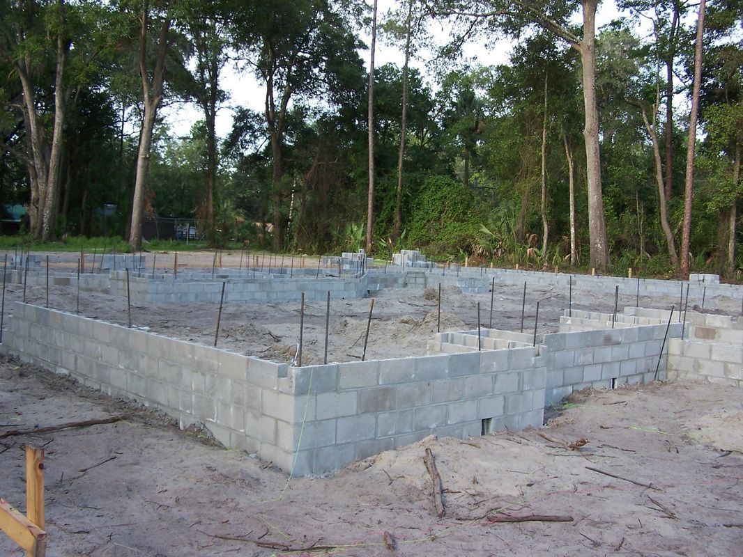 A brick wall is being built in the middle of a forest