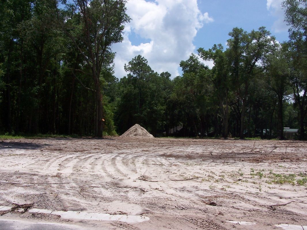 A dirt field with trees in the background and a pile of dirt in the middle
