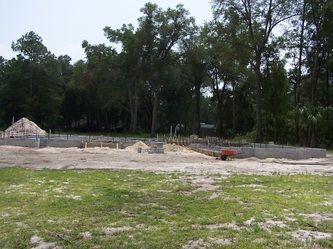 A large grassy field with trees in the background and a wheelbarrow in the foreground.