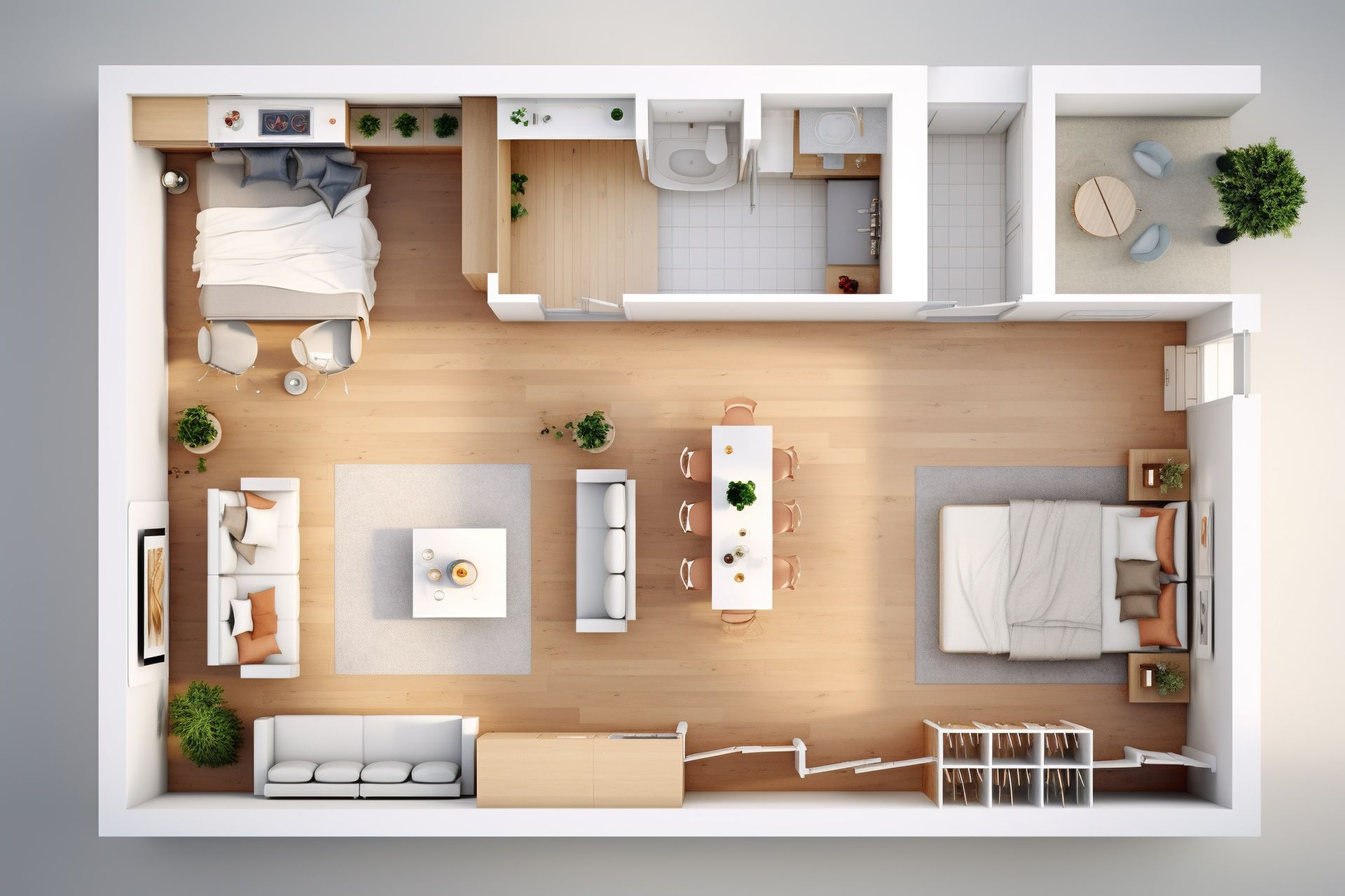 Overhead view of a modern apartment layout with two bedrooms, living area, dining table, and balcony.