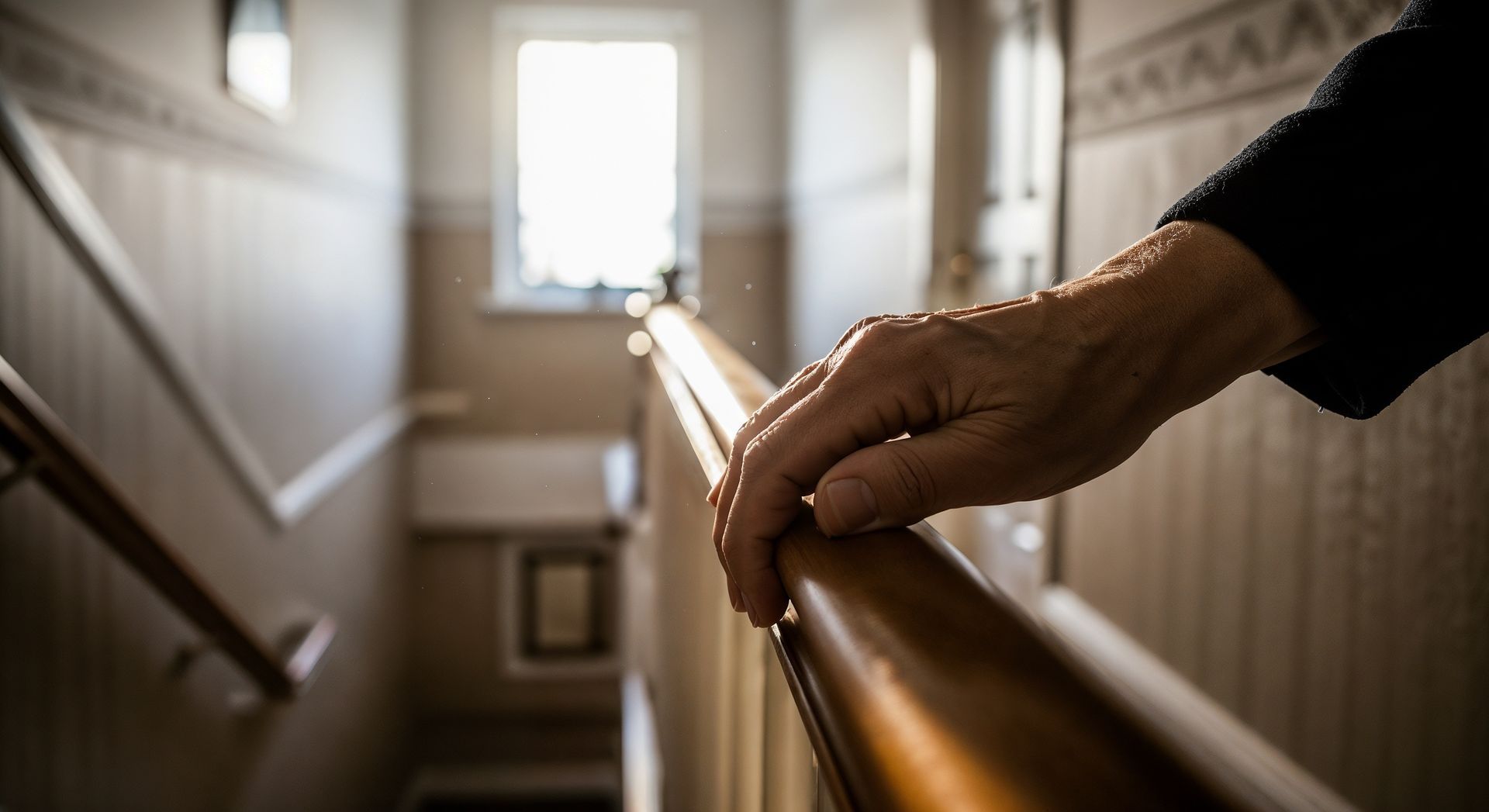Hand gripping a wooden banister on a staircase, natural light from a window at the end.