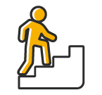 Um boneco amarelo está subindo uma escada.