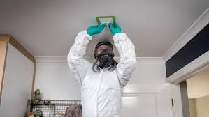 A man wearing a gas mask and gloves is working on a ceiling.