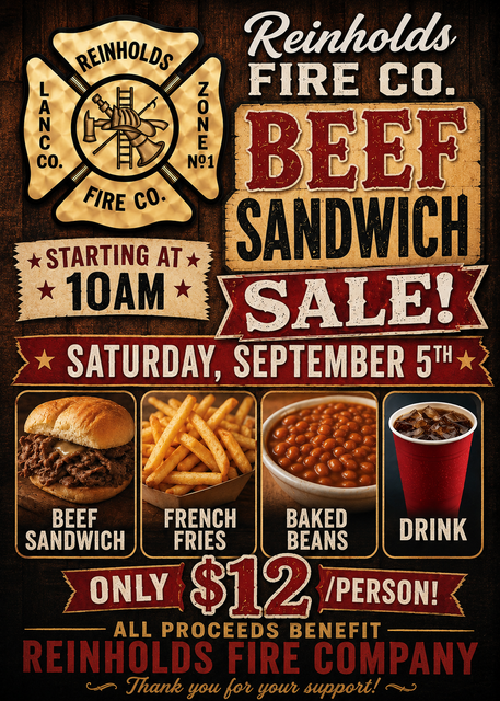 Reinholds Fire Co. BBQ sandwich sale flyer with menu items, date, time, and $12/person price.