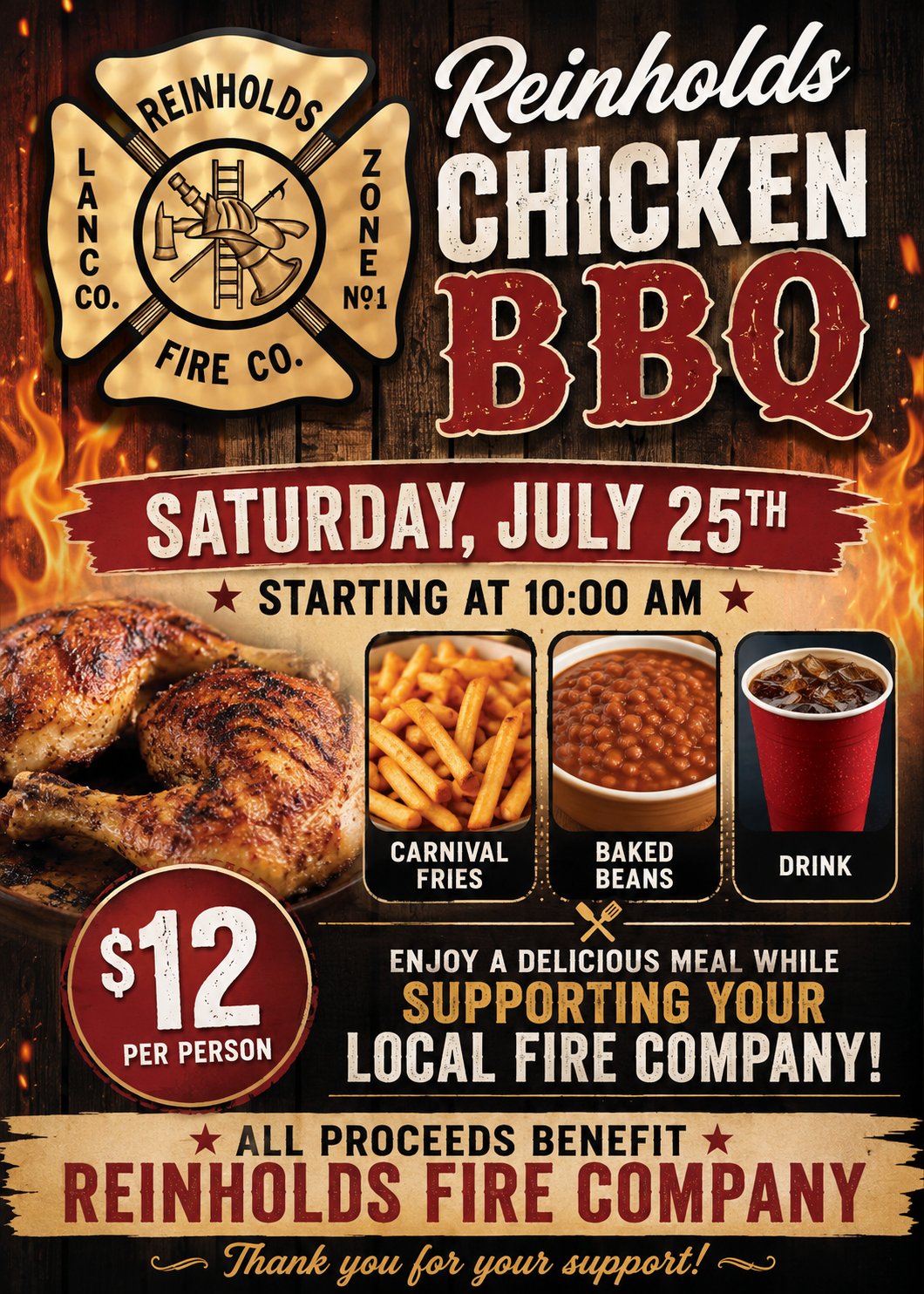 Reinholds Chicken BBQ fundraiser flyer with red-orange flames, chicken meals, date, time, and price details