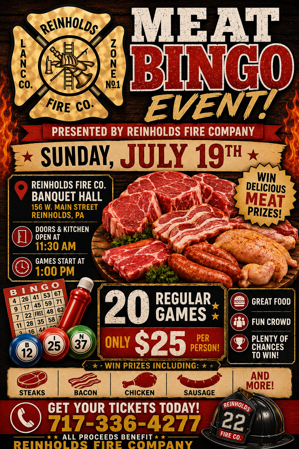 Meat bingo event poster with red background, ribs, game details, prizes, date, and phone number