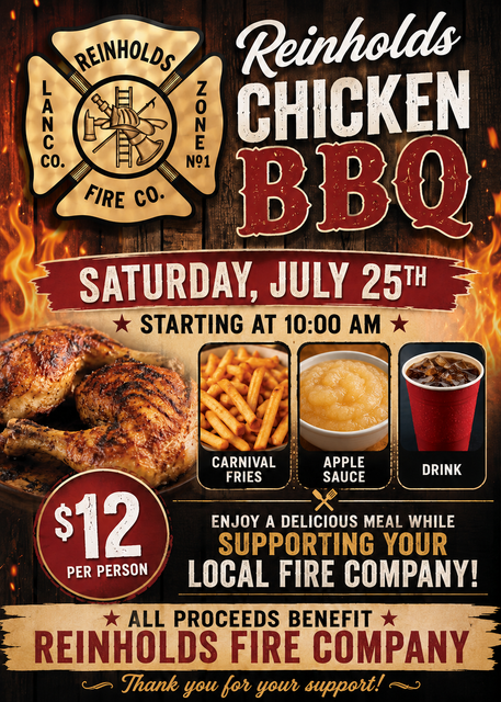 Reinholds Chicken BBQ fundraiser poster with chicken, apple sauce, and drink; Saturday, July 25 at 10:00 AM, $12 plates