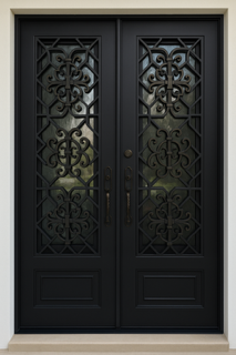 Black double door with a white arched transom, surrounded by a stone facade with a decorative head.