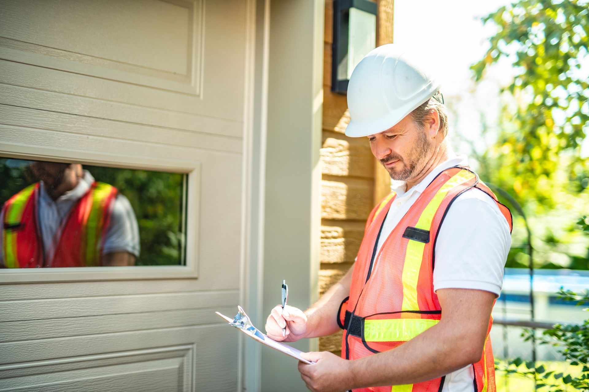 Man in hard hat and safety vest writing on a clipboard by a door, reflecting in the window.