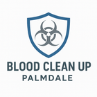 Logo for Blood Clean Up Palmdale, featuring a blue shield with a biohazard symbol inside.