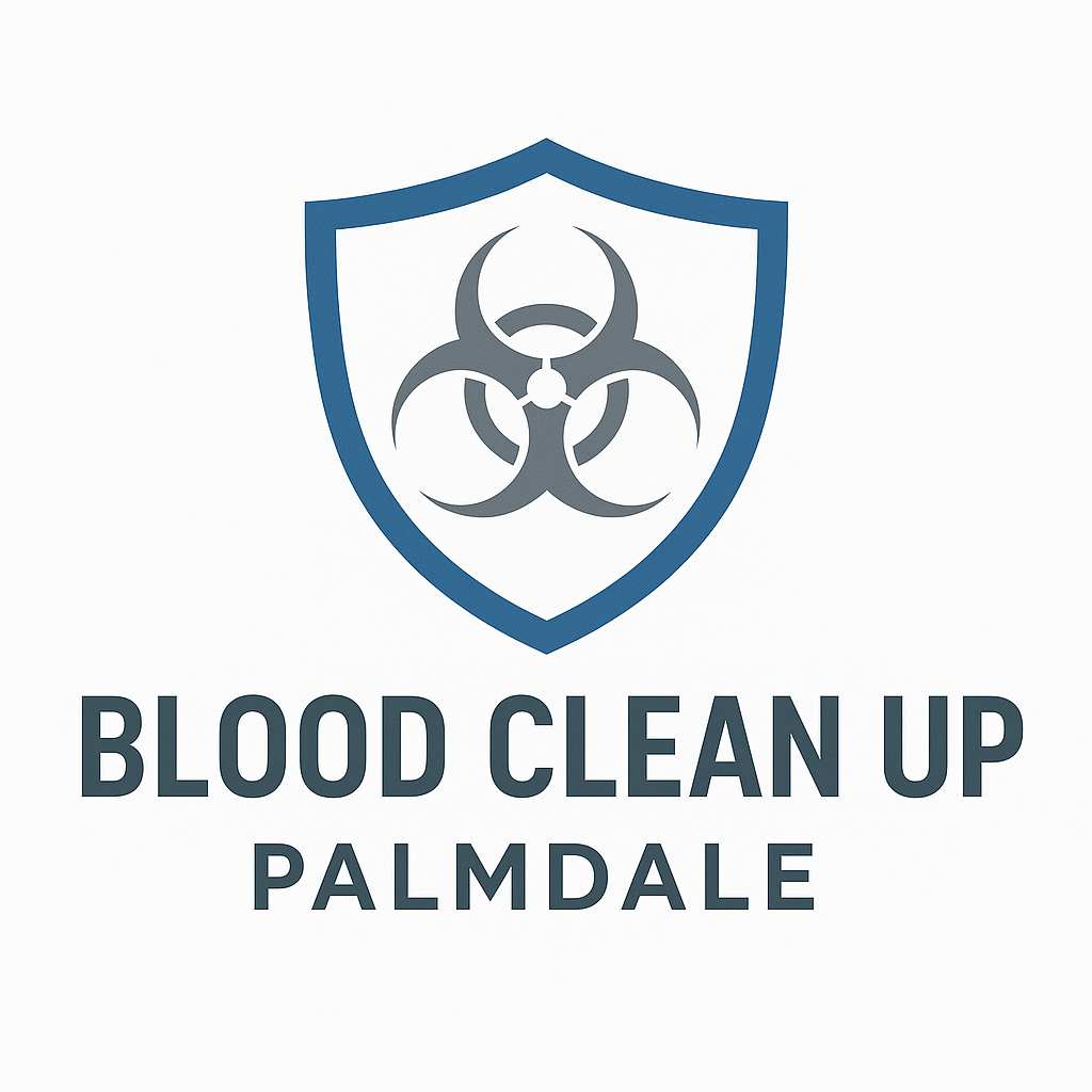Logo for Blood Clean Up Palmdale, featuring a blue shield with a biohazard symbol inside.