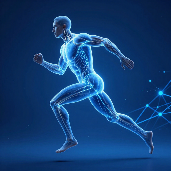 Corridore digitale blu luminoso che scatta di profilo su uno sfondo blu scuro con linee di rete