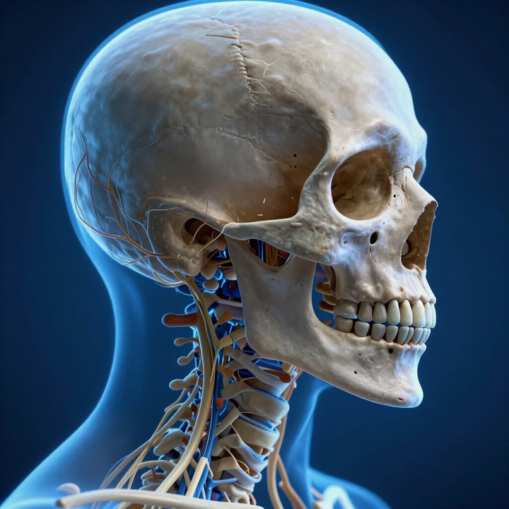 Teschio umano e parte superiore della colonna vertebrale, renderizzati in 3D su sfondo blu, mostrati di profilo.