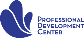 Logo for Professional Development Center with blue abstract shape and text.