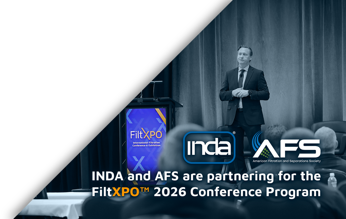 A man in a suit speaks at a conference. The FiltXPO logo appears next to the INDA and AFS logos.
