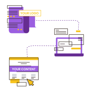 A purple and yellow illustration of a website and a laptop.